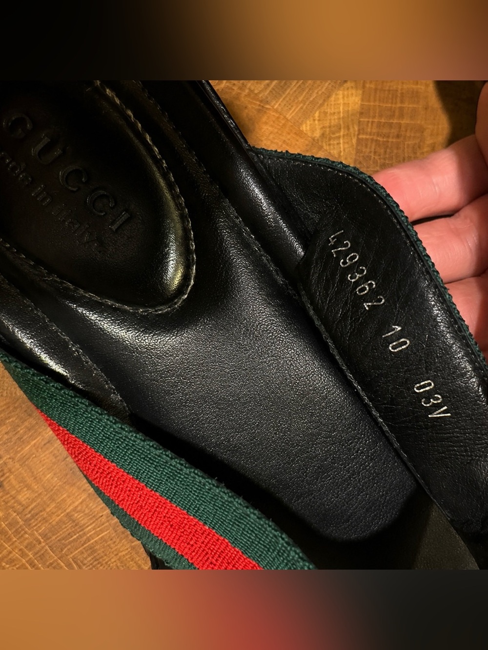 Gucci Men’s Web Stripe Leather Flip Sandals Black/Green/Red Size 11 - Picture 5 of 5